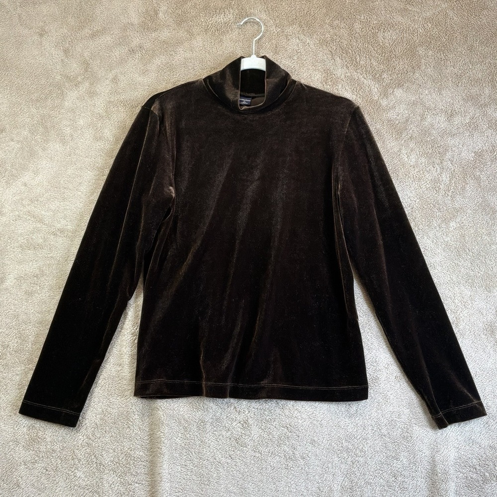 VTG Womens Lands End Velour Turtleneck Top Sz M 10-12 Brown Forest Fairy Goth
